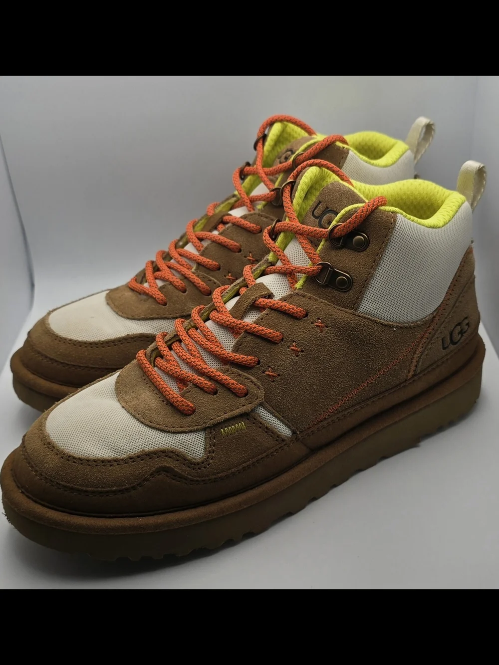 UGG Brown and Cream High-Top Suede Hiking-Style Boots with Orange Laces